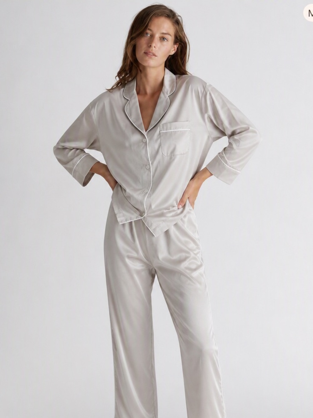 Sleepy Jones Women's Marina SILK Pajama Set in Light Gray with Contrast Piping